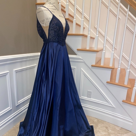 Faviana Sheer Blue Prom Dress - Picture 5 of 14